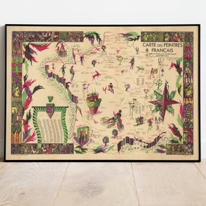 Carte des Peintres de France| Histoire de l'art| 1928 Carte de France Art mural| Art mural encadré| Art sur toile| Affiche d’art| Imprime l’art mural| Impressions murales de cartes