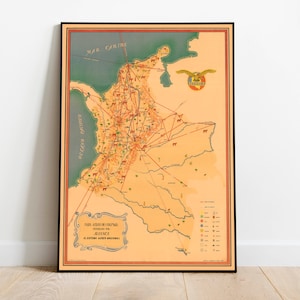 Mapa histórico de Colombia/ Impresión de mapas antiguos de Bogotá/ Arte de la pared de Colombia/ Arte de la pared de lienzo/ Impresión de mapas vintage/ Mapa desplegable