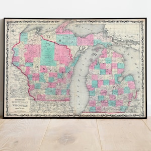 Mapa antiguo de Wisconsin y Michigan/ Lago Michigan/ Mapa de reproducción antigua para decoración de paredes/ Lago Superior/ Impresión de mapas antiguos