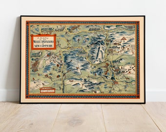 White Mountains Map Print| Art History| New Hampshire Map Wall Art| Framed Art| Canvas Art| Poster Art| Prints Wall Art| Map Wall Prints
