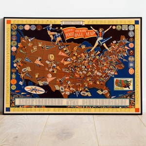 Bildliche College Football Karte der USA| Posterdruck | College Football Wandkunst | Leinwand Wand Kunst | Vintage Sport Druck