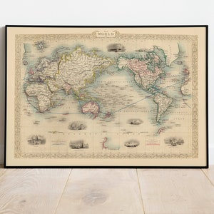 Historische Weltkarte 1851| Alte Karte Wanddeko | Vintage Karte Wandkunst| Posterdruck | Gerahmter Kunstdruck| Leinwanddruck Karte