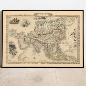 Asien Kontinent Karte Poster für Wand-Dekor | Alte Karte Asien Wandbild | Leinwanddruck | Pull Down Karte| Asien Vintage Karte Wandkunst