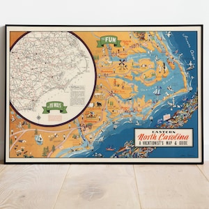 Eastern North Carolina Map Wall Poster| North Carolina Old Map Wall Print| North Carolina Map Canvas Wall Art| Poster Vintage