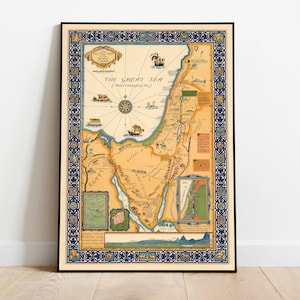 Impresión de mapa de Tierra Santa para decoración de pared/ Cartel de mapa antiguo de Oriente Medio/ Impresiones de pared de Tierra Santa/ Arte de pared de lienzo de Tierra Santa/ Cartel de mapa antiguo