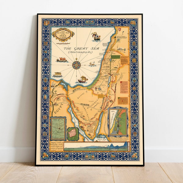 Heiliges Land Karte Druck für Wand-Dekor | Alte Karte des Nahen Ostens | Holy Land Wandbilder| Heiliges Land Leinwand Wandkunst| Alte Karte Poster