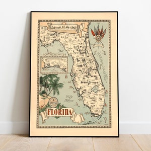 Florida Poster | Florida Karte| Bildliche Karte| Plakat| Leinwand Druck | Kinderzimmer Karte| Cartoon Karte | Alte Landkarte | Wanddekor | Wandkunst