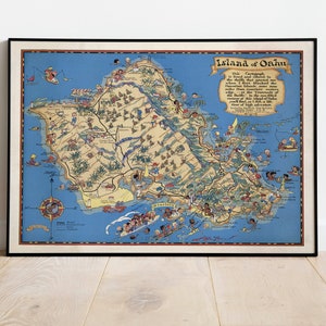 Oahu Island Karte Print | Kunstgeschichte| 1931 Oahu Island Karte Wandkunst| Gerahmte Wandkunst| Leinwandbild | Poster Kunst| Drucke Wandkunst| Landkarte Wandbilder