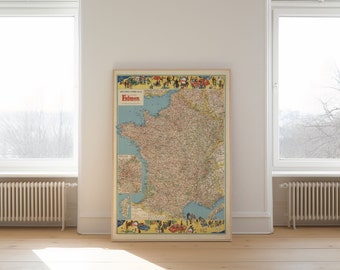 France Map Wall Print| 1937 France Map| Poster Print| Canvas Print Wall Art| Old Map Wall Art Poster| Framed Map Wall Decor