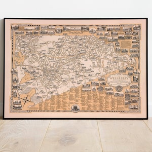Karte von Wellesley, Massachusetts| Drucke Wandkunst| Bild auf Leinwand | Poster Kunst| Vintage Karte | Wandkunst gerahmt
