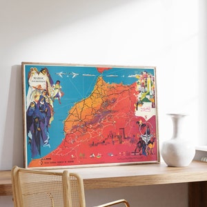 Mappa pittorica colorata del Marocco/Stampa artistica da parete vecchia mappa/Stampa artistica incorniciata/Tela da parete mappa vintage/Stampa da parete/Stampa poster