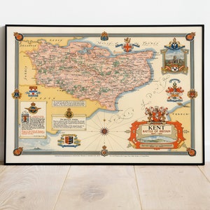 Kent City Map Wandbild | Gerahmte Karte Wanddeko | 1945 Kent Karte Kunstdruck | Posterdruck | Kunstdruck auf Leinwand | Karte Wandkunst Poster