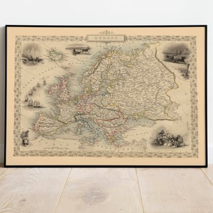 Carte européenne 1851| Art mural de la carte de l’Europe| Décor mural imprimé sur toile| Carte d’impression murale de l’Europe| affiche de carte vintage| Carte déroulante
