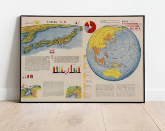 Japan Map Print| Fine Art Prints| 1944 Japan Map Wall Art| Framed Wall Art| Canvas Art| Poster Art| Prints Wall Art| Map Wall Prints