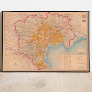 Mapa Tokio i okolic, pokazująca zbombardowane obszary 1946 | Wydruk mapy Japonii z czasów II wojny światowej | Wydruk mapy ściennej z czasów II wojny światowej | Sztuka ścienna z płótna Tokio