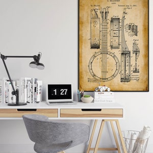Cartel de banjo arte instrumento musical arte enmarcado impresión músico regalos música pared arte lienzo música pared decoración ideas imagen 3