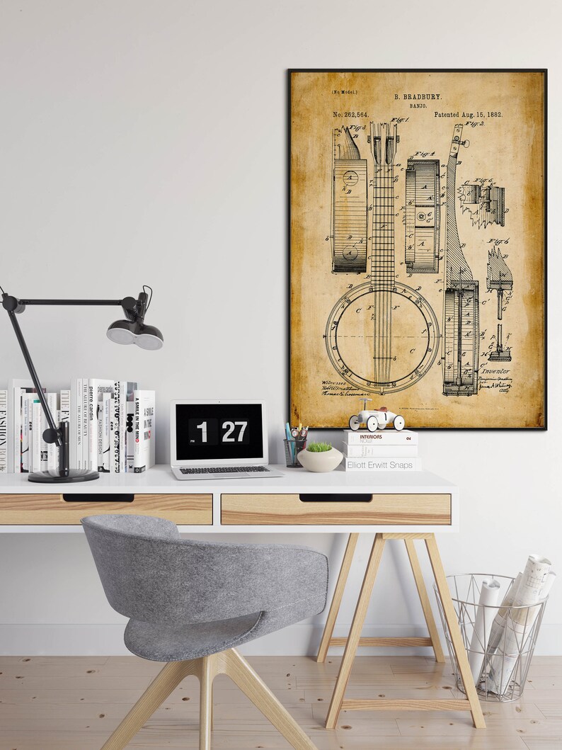 Cartel de banjo arte instrumento musical arte enmarcado impresión músico regalos música pared arte lienzo música pared decoración ideas imagen 3