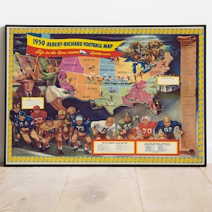 Pictorial College Football Map of the United States| Poster Print| College Football Wall Art| Canvas Wall Art| Vintage Sports Print
