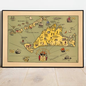 Bebilderte Karte von Martha's Vineyard und Elizabeth Islands| Leinwandbild | Vintage Karte | Alte Karte Wandbild | Poster Vintage