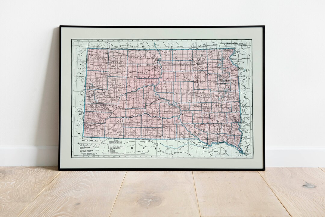 Vintage South Dakota Map Print| South Dakota Canvas Wall Art| Old Map ...