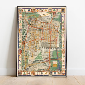 Impressão do mapa da Cidade do México | História da arte | Arte de parede do mapa da Cidade do México de 1932 | Arte emoldurada | Arte em tela | Arte de pôster | Arte de parede de impressões | Impressões de parede do mapa da cidade