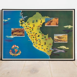 Mappa pittorica del Perù/Stampa artistica da parete vecchia mappa/Stampa artistica incorniciata/Tela da parete mappa vintage/Stampa da parete/Stampa poster