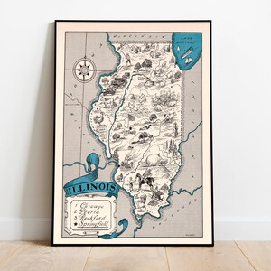 Karte von Bundesstaat illinois| Vintage illinois Karte Print | Leinwandbild | illinois Kunstdruck | Vintage Karte Poster | Pull Down Map