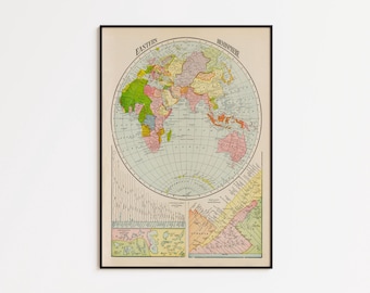 Impresión vintage de un mapa del hemisferio oriental: póster de arte mural de 1925, opción de lienzo enmarcado