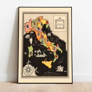 Carte décorative des régions d'Italie | Impression sur toile| Art mural Italie | Impression murale Italie | Affiche vintage| Carte déroulante