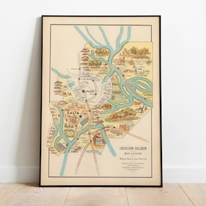 Bebilderte Landkarte von Salta, Argentinien| Alte Karte Wand Kunstdruck | Gerahmter Kunstdruck| Vintage Karte Wand Leinwand| Wandbild| Posterdruck