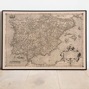 Mappa storica della Spagna e del Portogallo 1570/ Old Map Wall Decor/ Vintage Map Wall Art/ Stampa poster/ Stampa artistica incorniciata/ Mappa stampa su tela