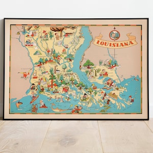 Louisiana Karte Druck| Kunstgeschichte| 1935 Louisiana Karte Wand Kunst| Gerahmte Wandkunst| Leinwandbild | Poster Kunst| Drucke Wandkunst| Landkarte Wandbilder