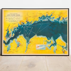 Carte des clubs nautiques de Western Long Island Sound | Impression murale ancienne carte de Long Island | Affiche d'art mural yachting | affiche vintage