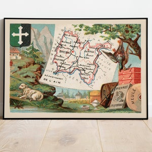 Mapa del Departamento de Ain, Francia/ Arte de la pared de Francia/ Impresión de mapa de Francia vintage / Impresión de lienzo estirado / Póster de decoración de la pared del hogar