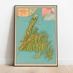 Landkarte von Neufundland| Leinwand Kunst Wand-Dekor | Gerahmtes Wandbild| Karte Poster Wandkunst| Posterdruck | Vintage Kunstdruck