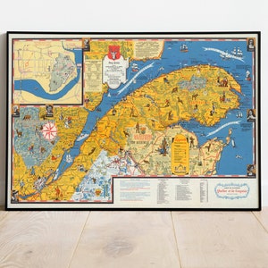 Québec und Gaspesie Map Print | Vintage Karte Poster Gaspesie | Leinwanddrucke Wandkunst| Wandkarte von Québec | Pull Down Map