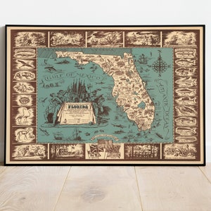 Bildliche Karte des romantischen Florida mit seiner exotischen Tierwelt | Posterdruck | Gerahmter Kunstdruck oder Druck auf Leinwand| Alte Karte Wanddeko