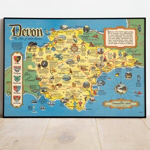 Devon Karte Print | Kunstdruck auf Leinwand | UK Vintage Karten für Wand-Dekor | Devon Karte Poster | Devon Wandkarte| Pull Down Map