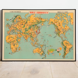 Impresión de pared del mapa del mundo/ Mapa del mundo japonés de 1933 / Impresión de póster / Arte de pared con impresión de lienzo / Póster de arte de pared de mapa antiguo / Decoración de pared de mapa enmarcado