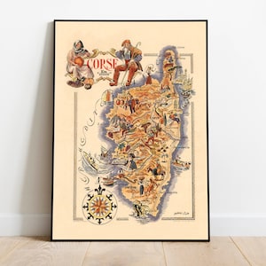 Dekorative Landkarte von Korsika, Frankreich| Vintage Karte Kunst| Leinwandbild | Home Wandbild| Wanddeko Poster