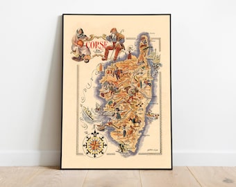 Decorative Map of Corsica, France| Vintage Map Art| Canvas Wall Art| Home Wall Print| Wall Decor Poster