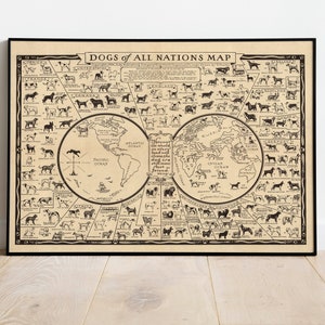 Perros de todas las naciones/ Mapa de naciones de perros/ Póster de perros/ Póster con gráfico de perros/ Regalo para amantes de los perros/ Arte mural de perros/ Impresión mural de perros/ Diagrama de perros