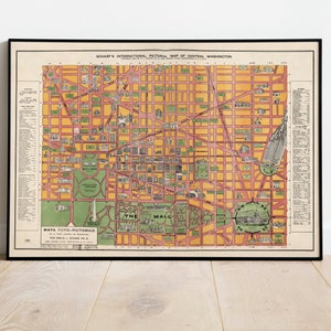 Mapa pictórico del centro de Washington/ Mapa antiguo de Washington D.C./ Plan de la ciudad de Washington de 1919/ Mapas antiguos de Estados Unidos/ Mapa de decoración de pared