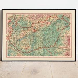 Mapa geográfico de Hungría/ Decoración de la pared del mapa/ Arte de la pared del mapa vintage / Impresión de carteles / Impresión de la pared del mapa / Impresión de arte enmarcado / Mapa de impresión de lienzo