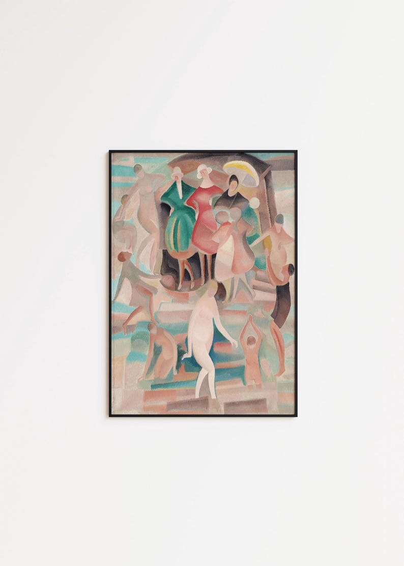 May include: Abstract watercolor painting in a black frame. The artwork depicts figures in various poses, with a color palette of muted greens, reds, and browns. The figures appear to be on a set of stairs.