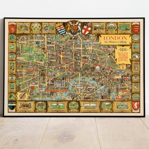 Detaillierte bebilderte Straßenkarte von London| Vintage Karte Wandbild | London Stadt Karte Poster | Kunstdruck auf Leinwand | London Karte Poster Wanddeko