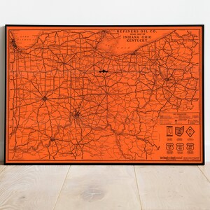 Mapa de carreteras de Indiana, Ohio y Kentucky/ Mapa de carreteras vintage de EE.UU./ Mapa de Ohio/ Mapa de Kentucky/ Decoración de pared/ Mapa de arte de pared/ Mapa de Indiana