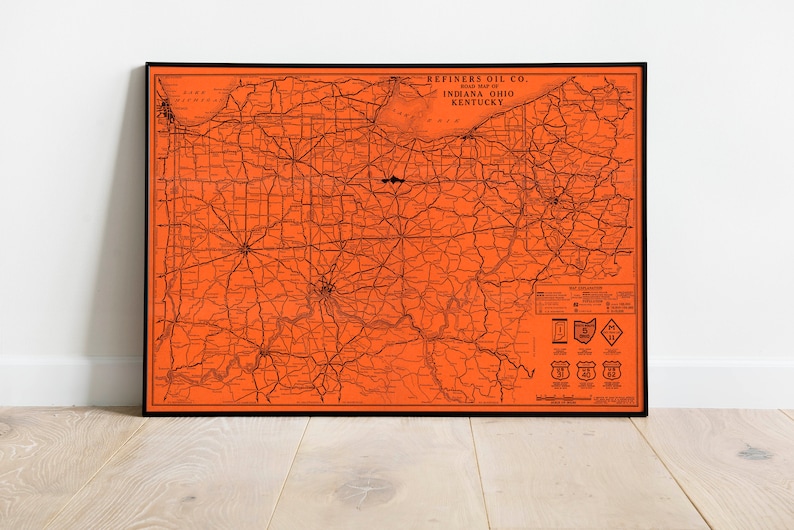 Ohio Map Wall Decor Indiana Map Road Map of indiana Kentucky Map Ohio and Kentucky Wall Art Map Vintage Road Map of USA