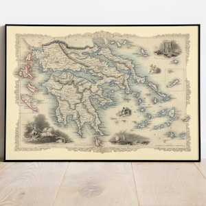 Griechenland Karte 1851| Griechenland Karte Wandkunst| Leinwanddruck Wanddeko | Griechenland Wandbild Karte| Vintage Karte Poster | Pull Down Map