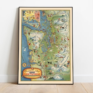 Bildliche Landkarte des Bundesstaates Washington| Karte von Seattle | Seattle Wandkunst | Bild auf Leinwand | Vintage Karte | Wanddeko Poster